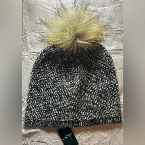 Lauren Ralph Lauren Womens Beanie Hat Metallic Wool Blend Pom Pom One Size NWT